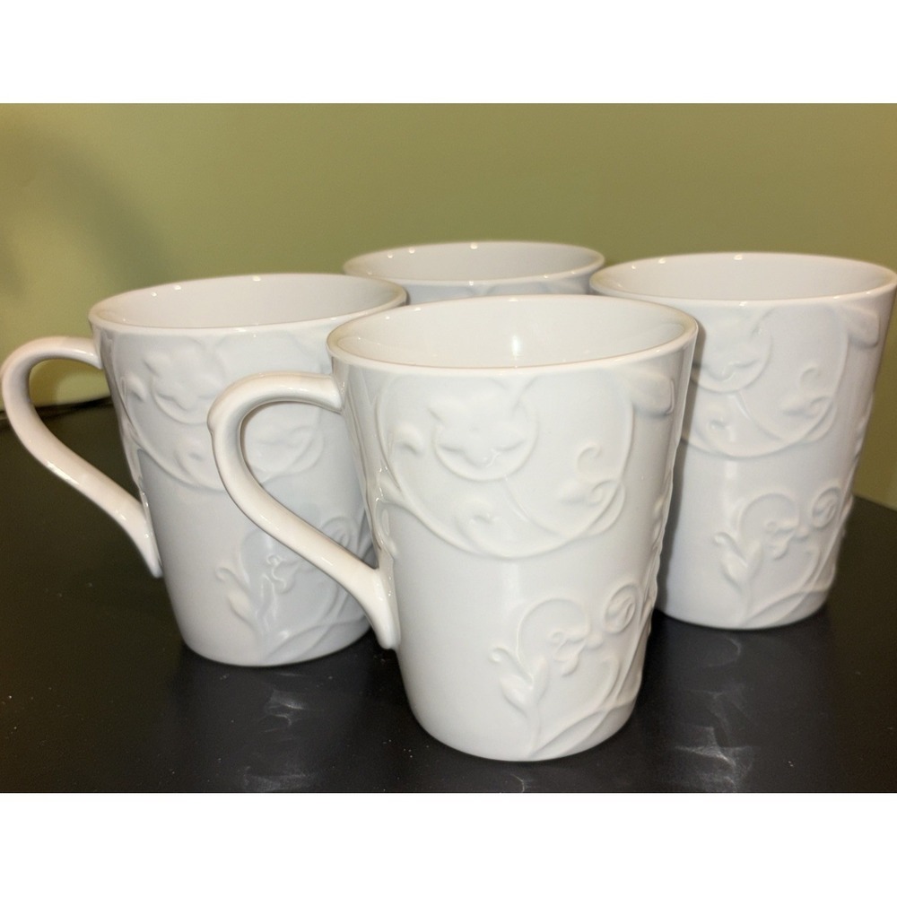 4 Corelle Bella Faenza Mugs Set Corning Floral Embossed White Coffee Tea Cup Lot